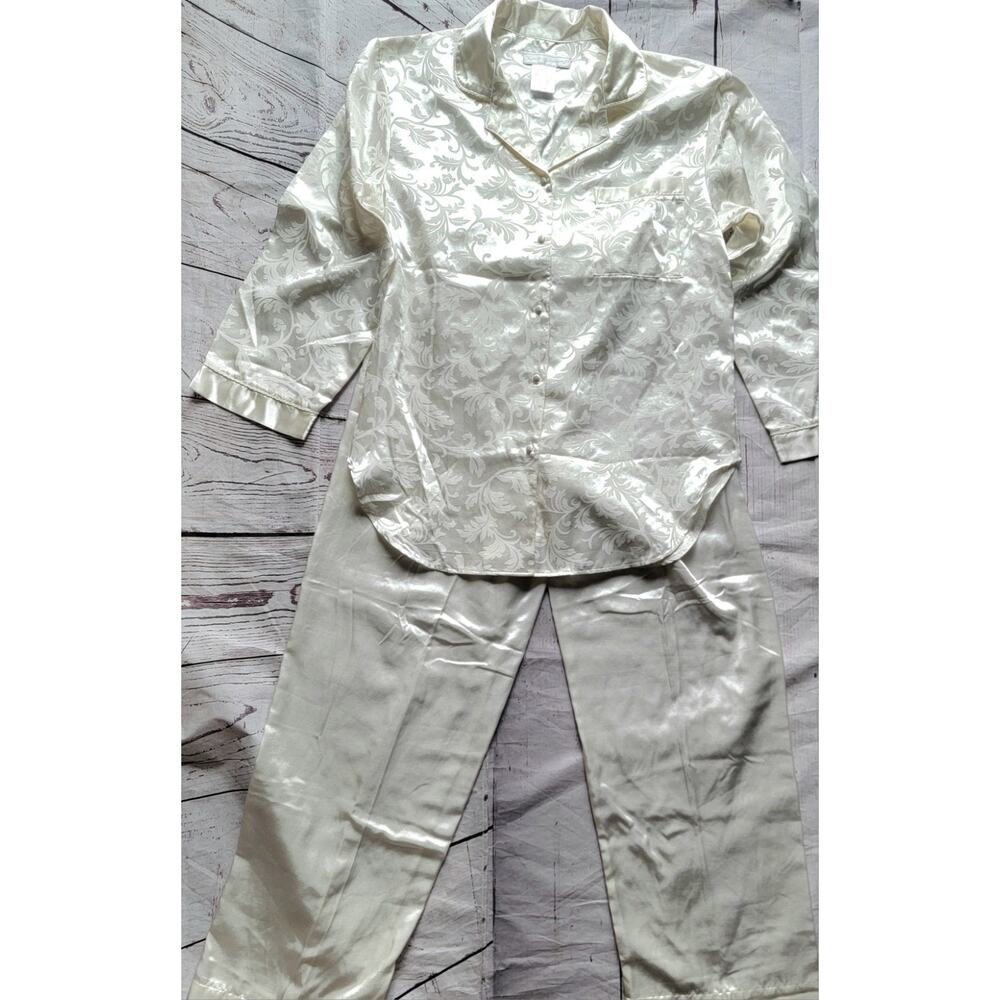 Earth Angles Satin Pajamas 2 Piece Set PJ's Lounge Pants Size Small White